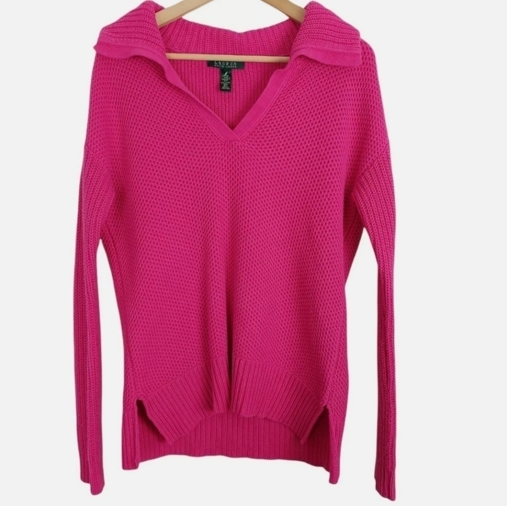 Lauren Ralph Lauren Womens Ribbed Knit Fold-Over Pullover Sweater‎ Sz S Fuchsia